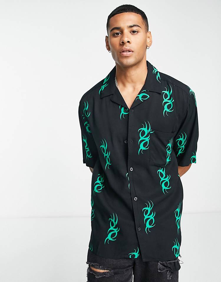 Only & Sons oversized revere shirt in 90s print in black